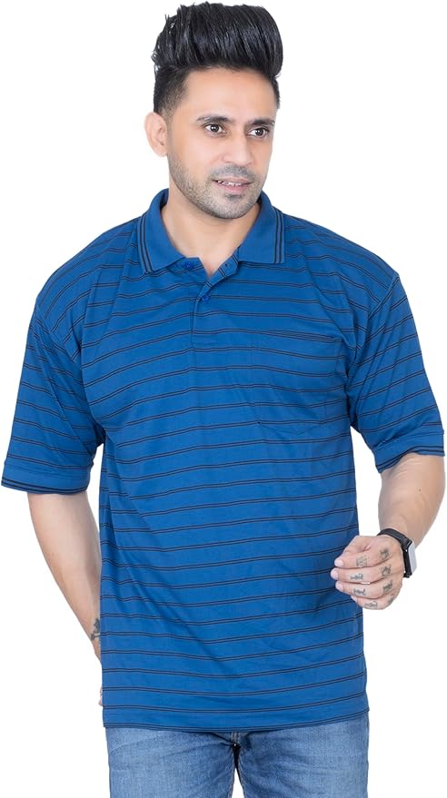 MENS STRIPED T- SHIRT SHORT SLEEVE , SINGLE POCKET WITH CONTRAST COLLAR