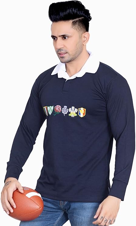 Men’s Six Nation Rugby Long Sleeve Sports Jersey | Embroidered Logo | Size S to 5XL | Multicolor