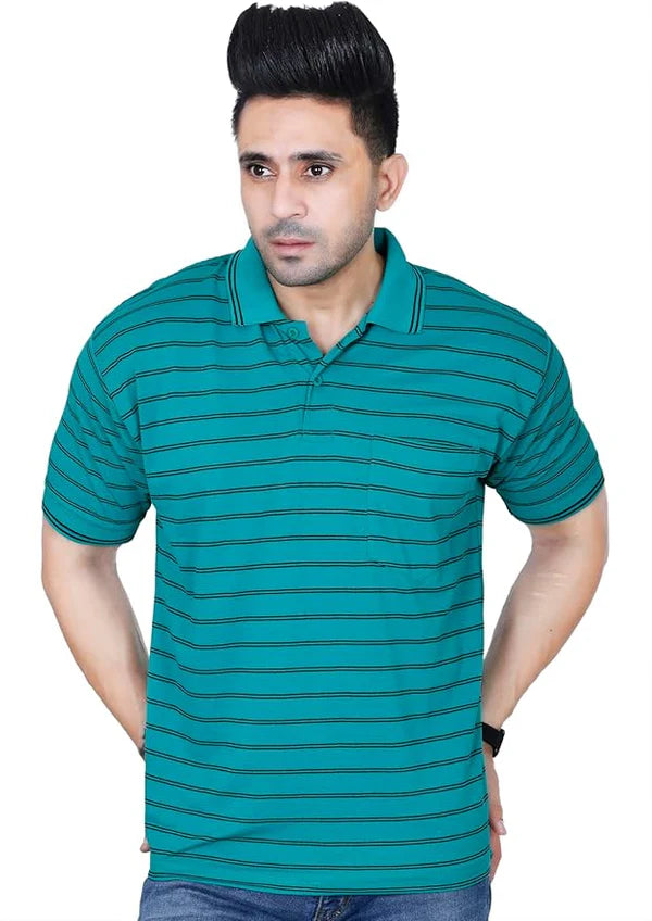 MENS STRIPED T- SHIRT SHORT SLEEVE , SINGLE POCKET WITH CONTRAST COLLAR