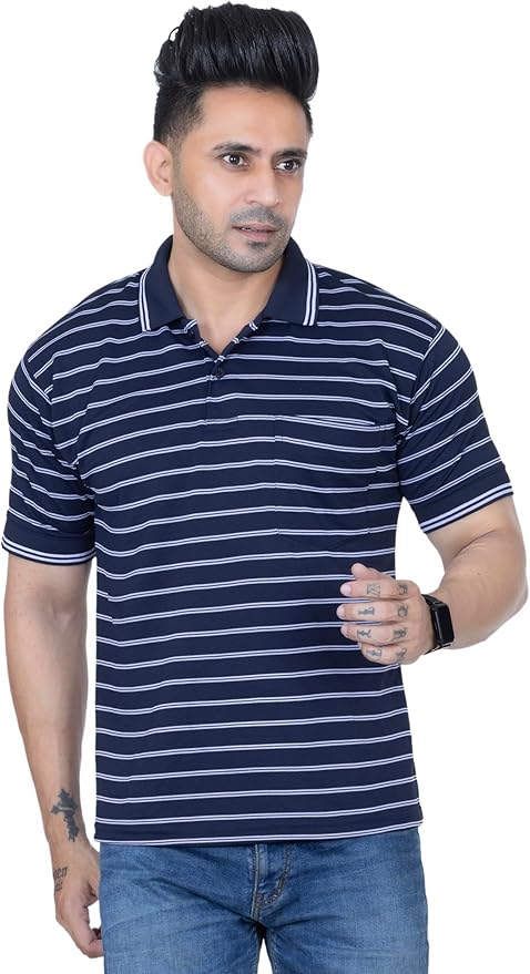 MENS STRIPED T- SHIRT SHORT SLEEVE , SINGLE POCKET WITH CONTRAST COLLAR