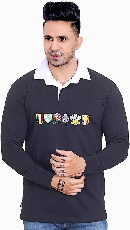 Men’s Six Nation Rugby Long Sleeve Sports Jersey | Embroidered Logo | Size S to 5XL | Multicolor