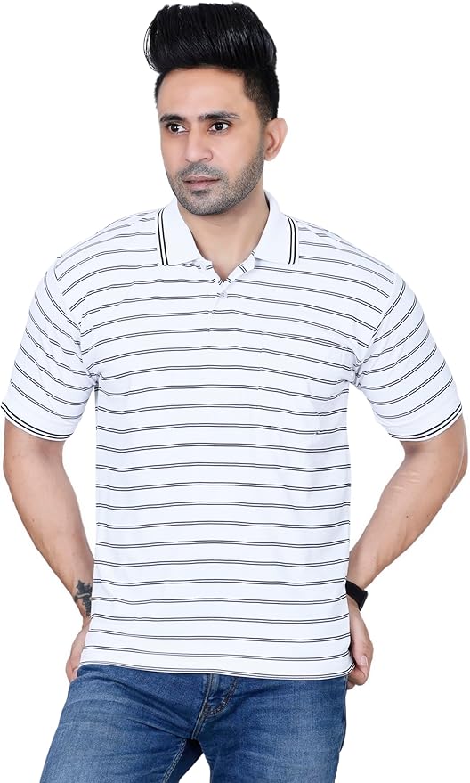 MENS STRIPED T- SHIRT SHORT SLEEVE , SINGLE POCKET WITH CONTRAST COLLAR